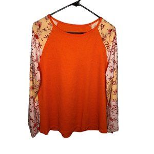 Orange Waffle Style Satin Arms Floral Butterfly Top Women's Large